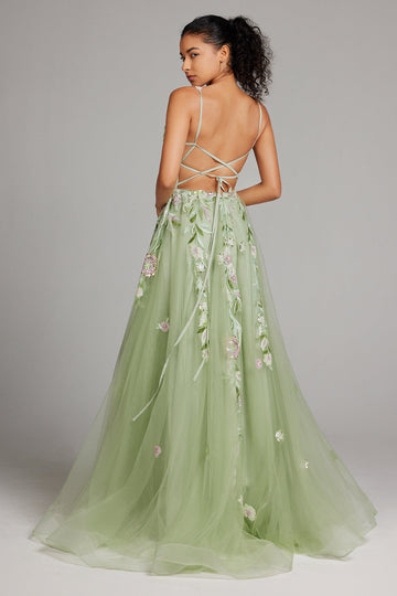 Sparkly Green A Line Seillettes Corsetto Abito da cerimonia lungo ricamato con fessura